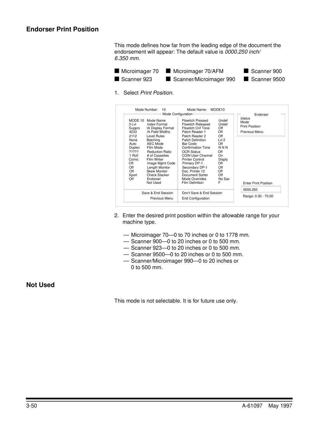 Kodak A-61097 manual Endorser Print Position, Not Used, 350 mm, Select Print Position 