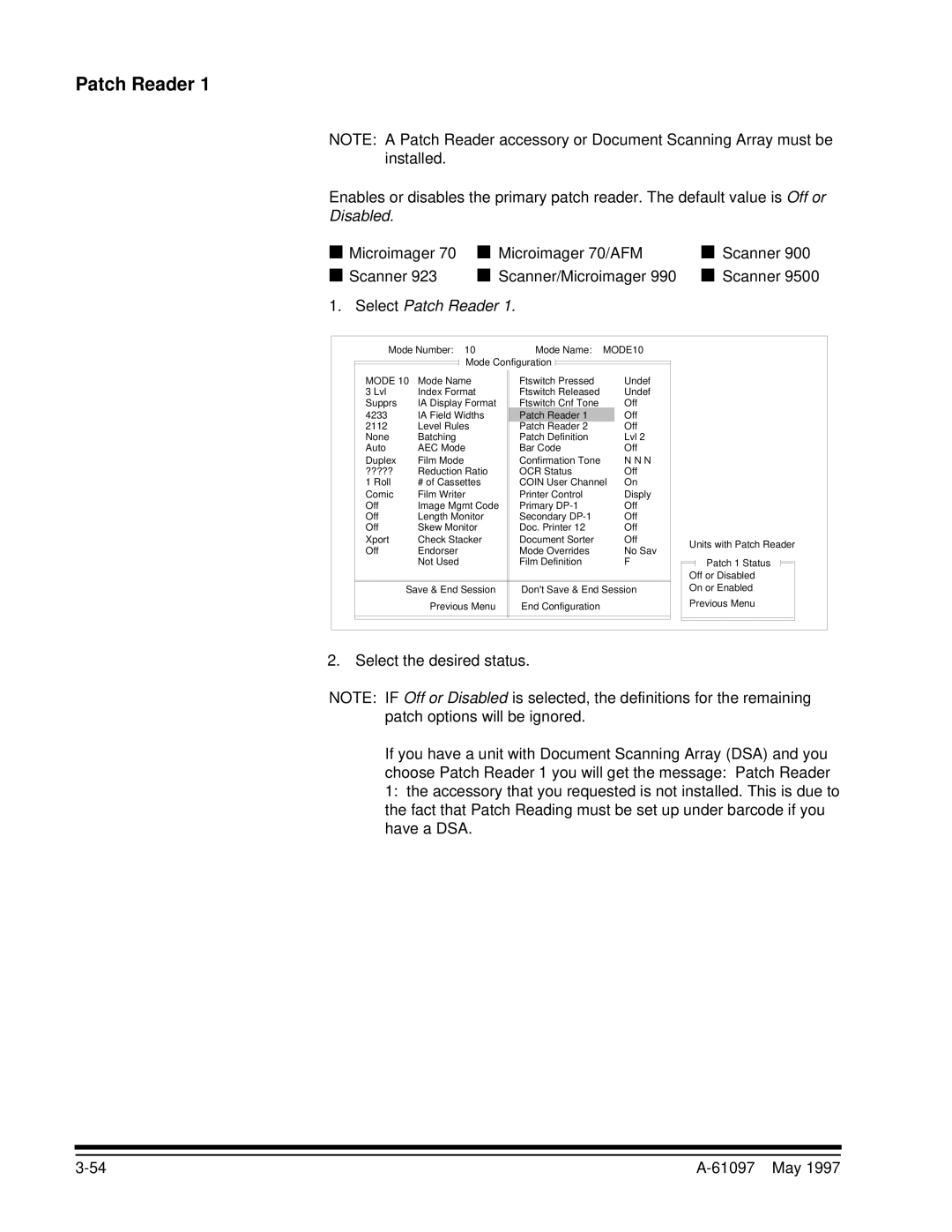 Kodak A-61097 manual Disabled, Select Patch Reader 