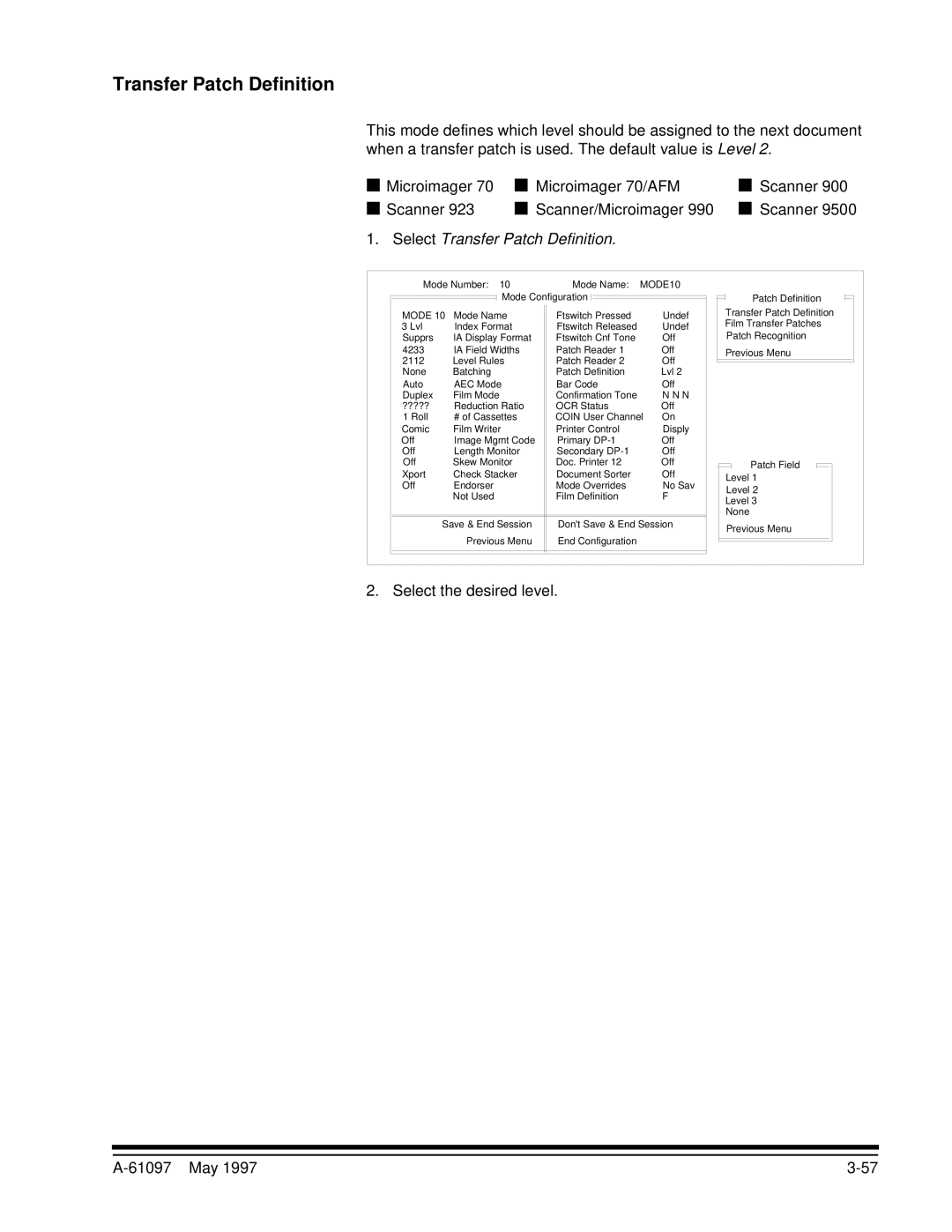 Kodak A-61097 manual Select Transfer Patch Definition, Select the desired level 61097 May 