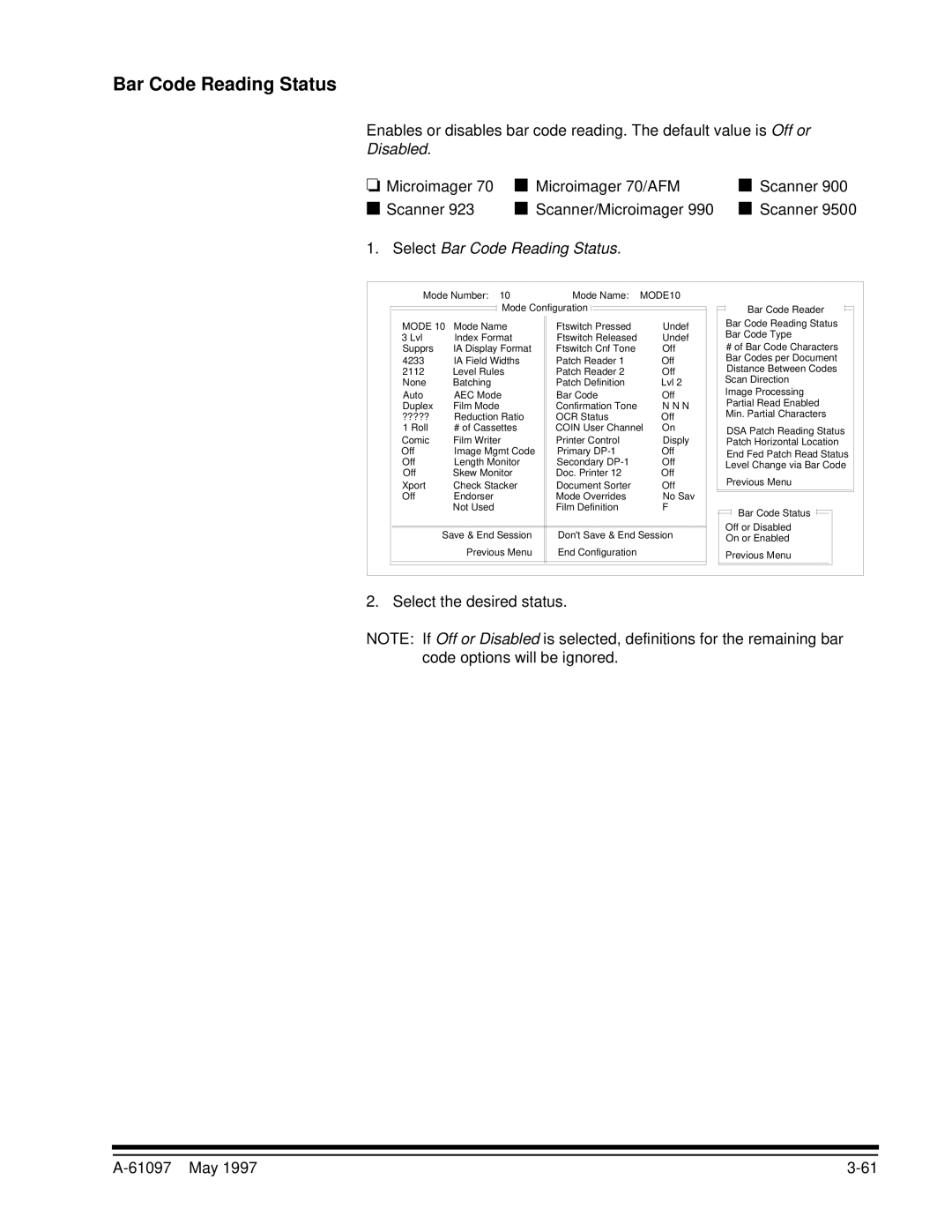 Kodak A-61097 manual Select Bar Code Reading Status 