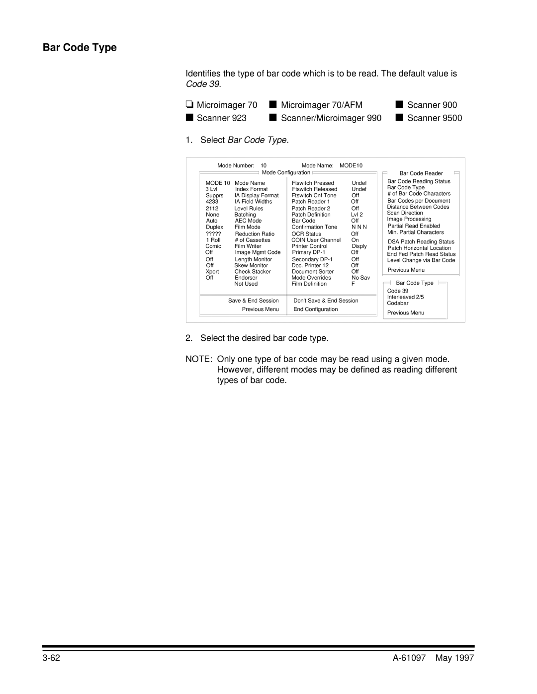 Kodak A-61097 manual Select Bar Code Type, Select the desired bar code type 61097 May 