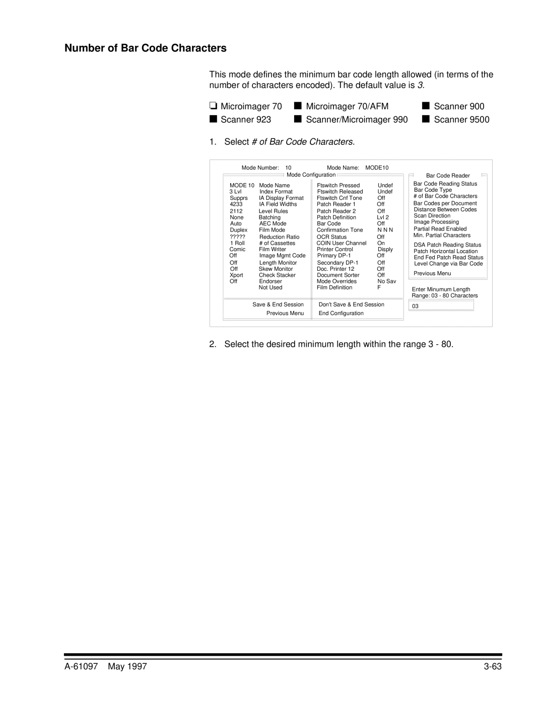 Kodak A-61097 manual Number of Bar Code Characters, Select # of Bar Code Characters 