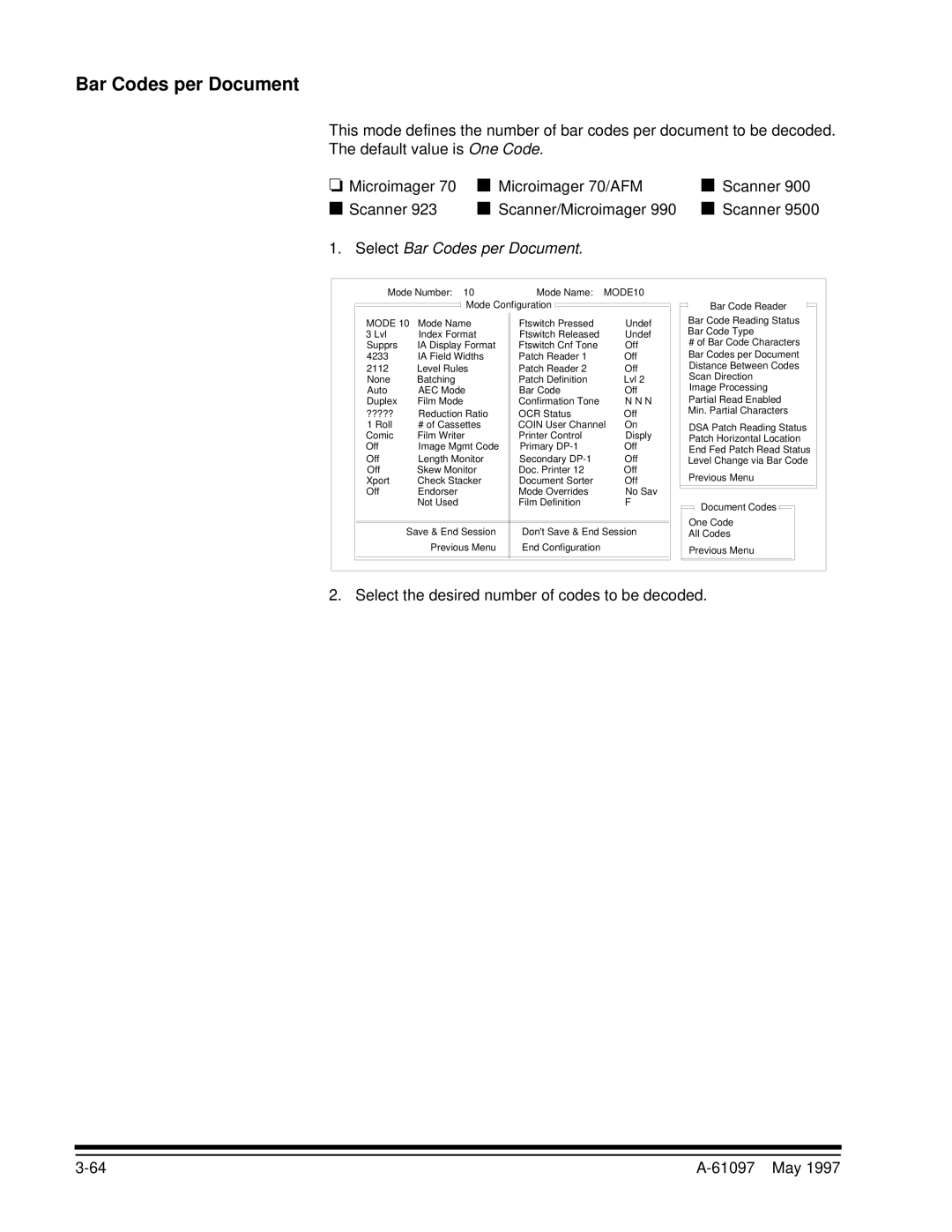 Kodak A-61097 manual Select Bar Codes per Document, Select the desired number of codes to be decoded 61097 May 