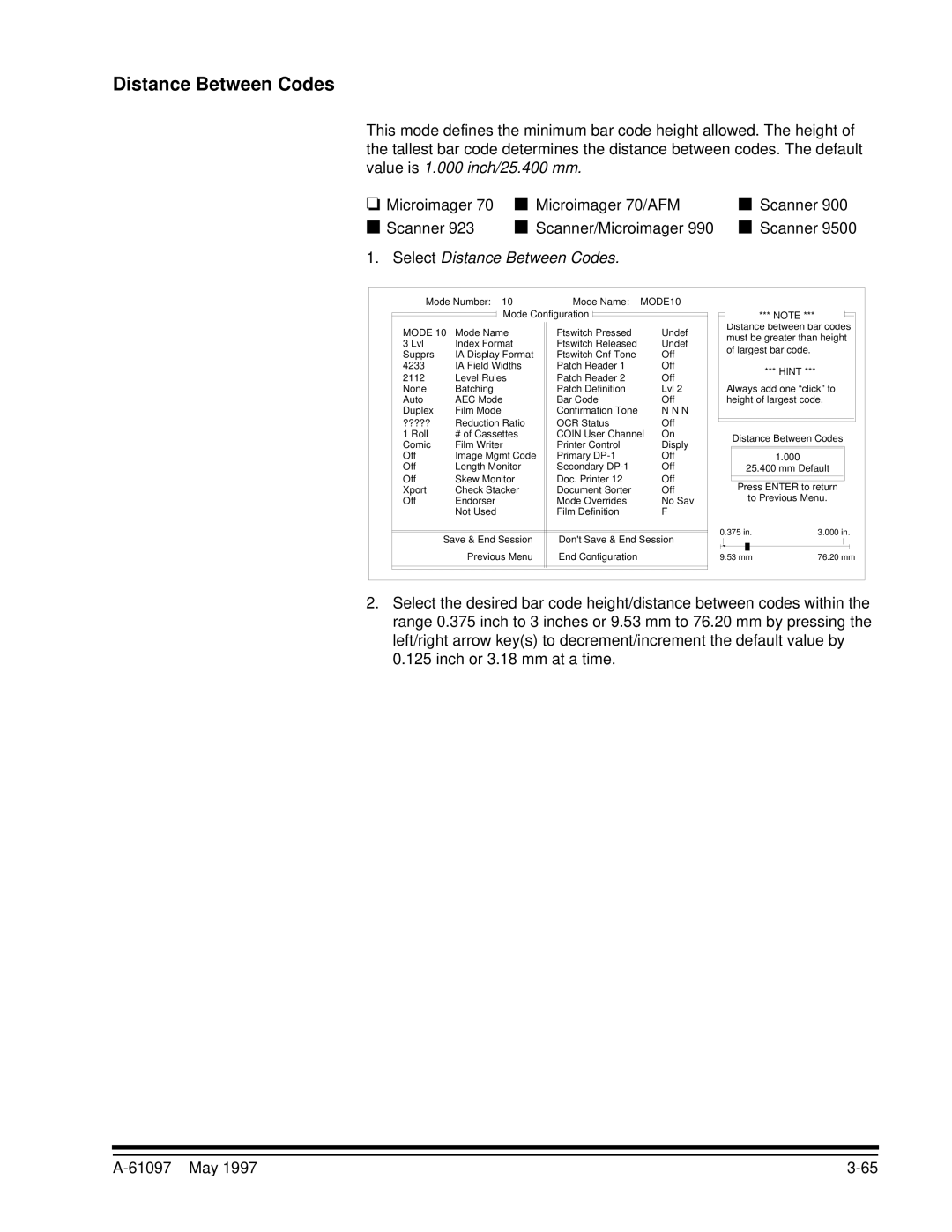 Kodak A-61097 manual Select Distance Between Codes 
