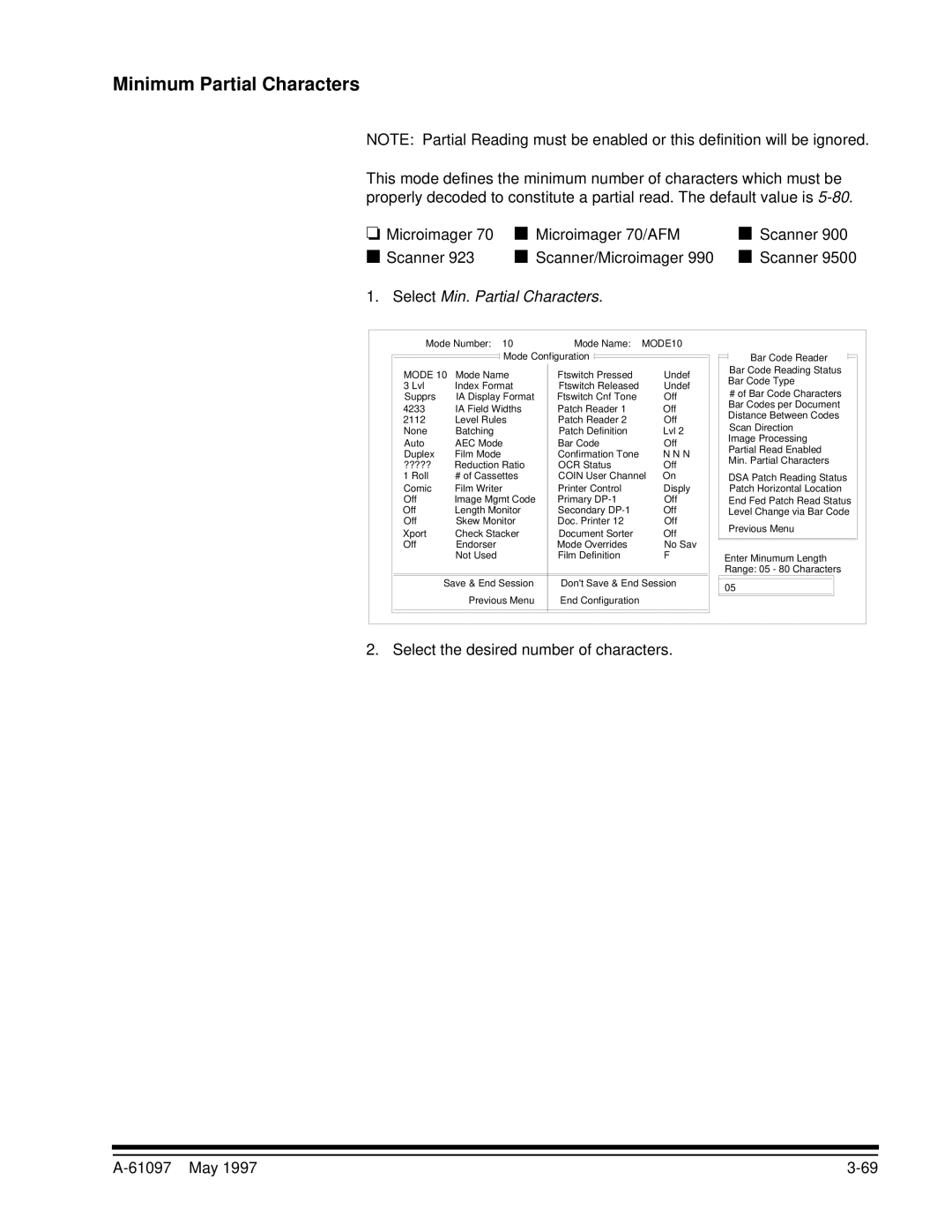 Kodak A-61097 manual Minimum Partial Characters, Select Min. Partial Characters 