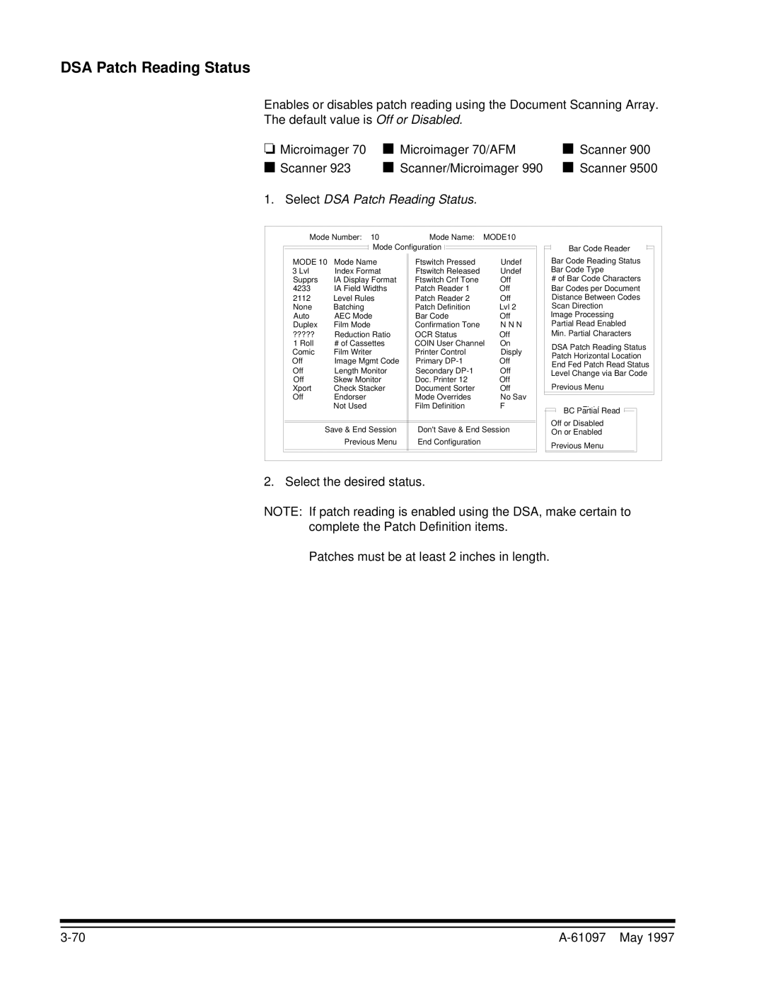 Kodak A-61097 manual Select DSA Patch Reading Status 