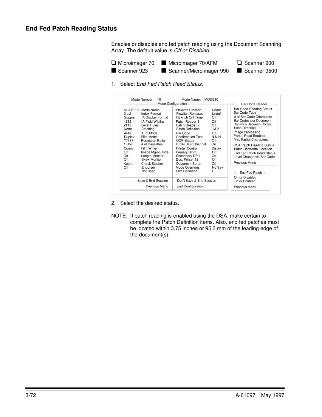 Kodak A-61097 manual End Fed Patch Reading Status, Select End Fed Patch Read Status 