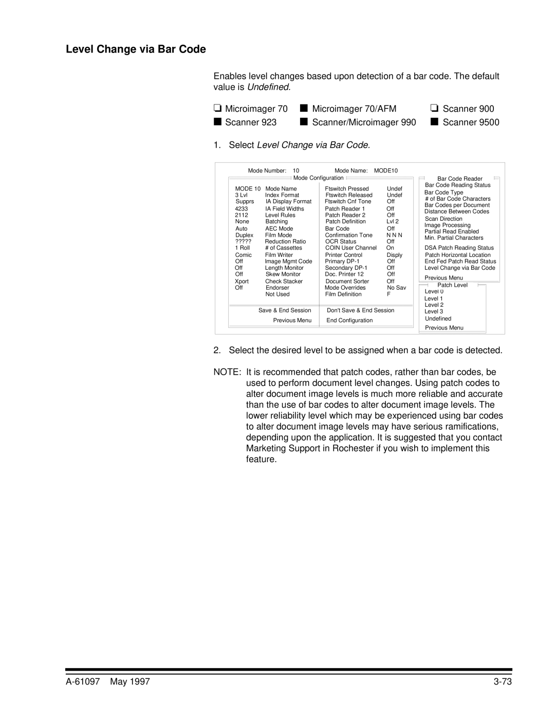 Kodak A-61097 manual Select Level Change via Bar Code 