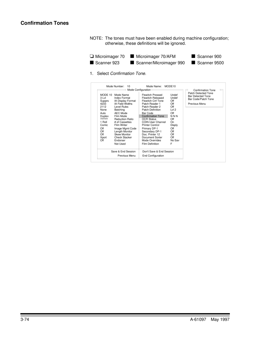 Kodak A-61097 manual Confirmation Tones, Select Confirmation Tone 