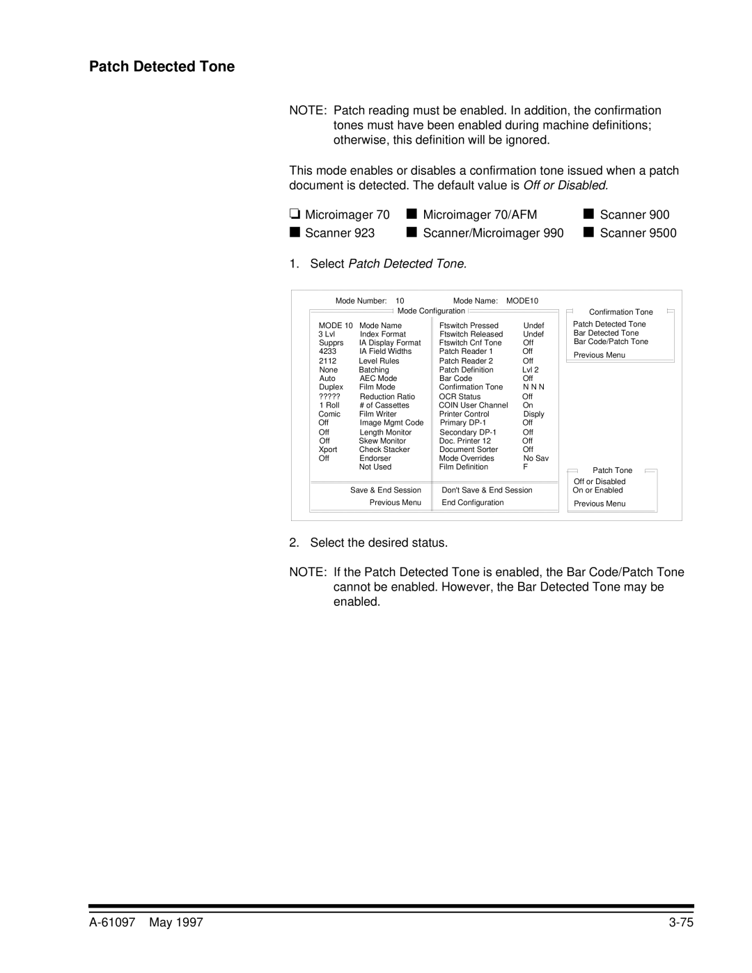 Kodak A-61097 manual Select Patch Detected Tone 