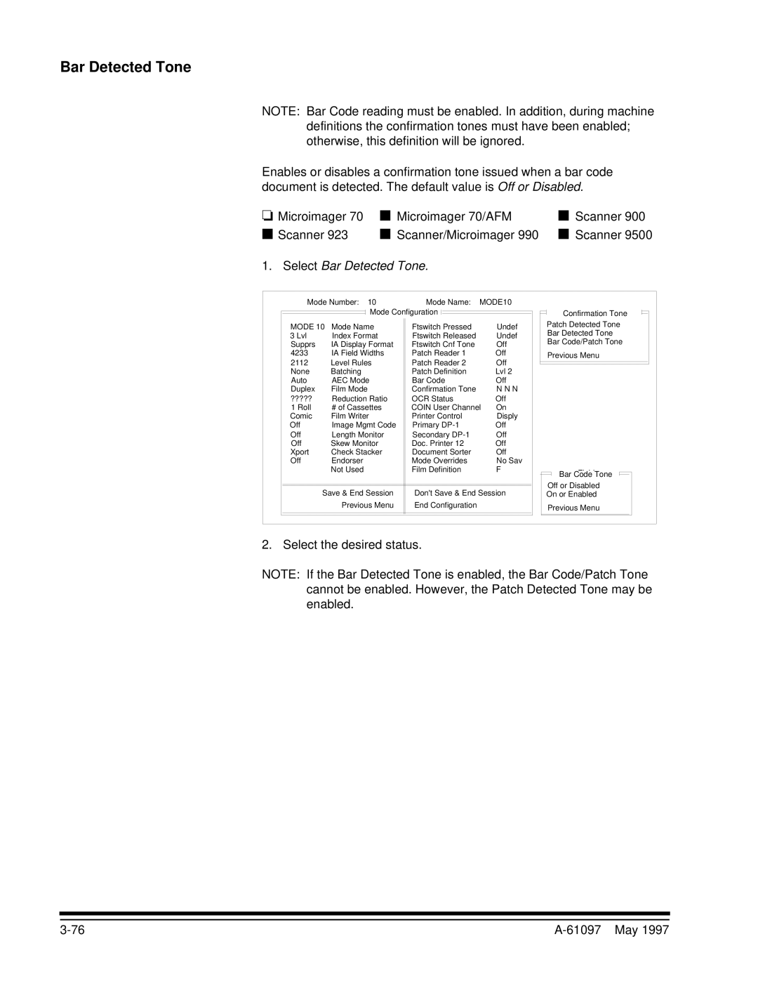 Kodak A-61097 manual Select Bar Detected Tone 