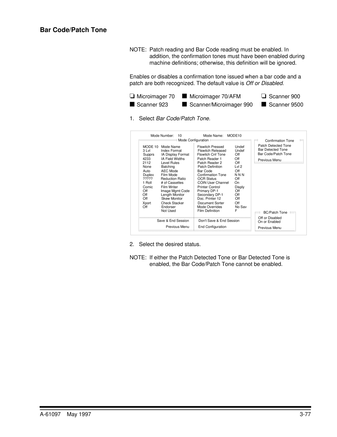 Kodak A-61097 manual Select Bar Code/Patch Tone 