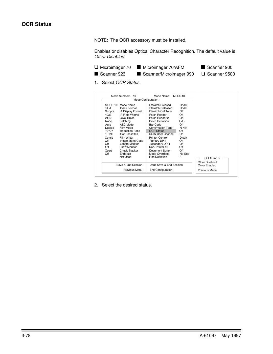 Kodak A-61097 manual Off or Disabled, Select OCR Status 