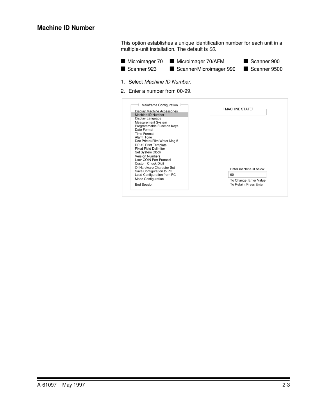 Kodak A-61097 manual Select Machine ID Number, Enter a number from 