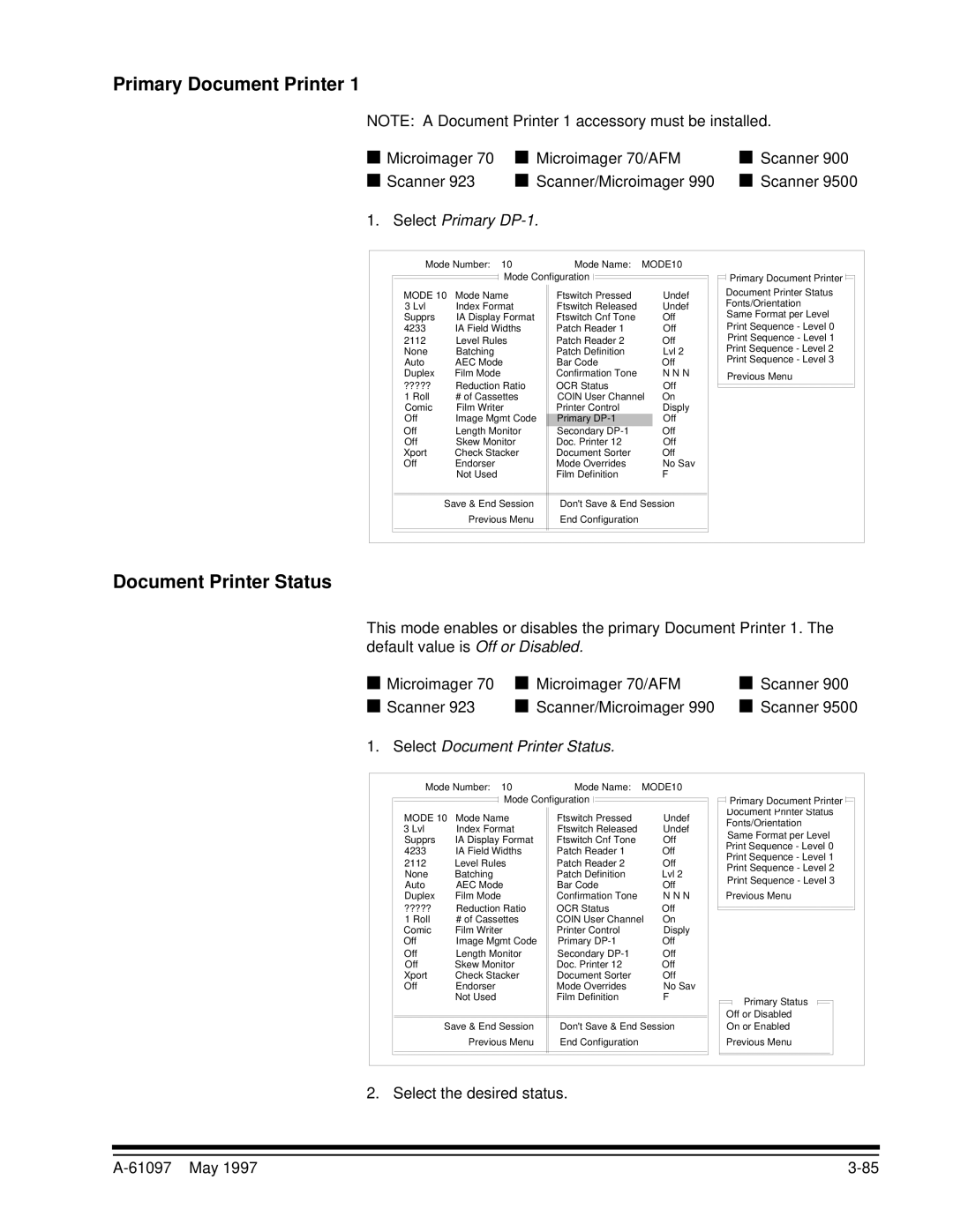 Kodak A-61097 manual Primary Document Printer, Select Primary DP-1, Select Document Printer Status 