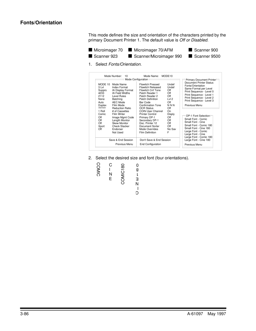 Kodak A-61097 manual Select Fonts/Orientation, Select the desired size and font four orientations, E N I C 61097 May 