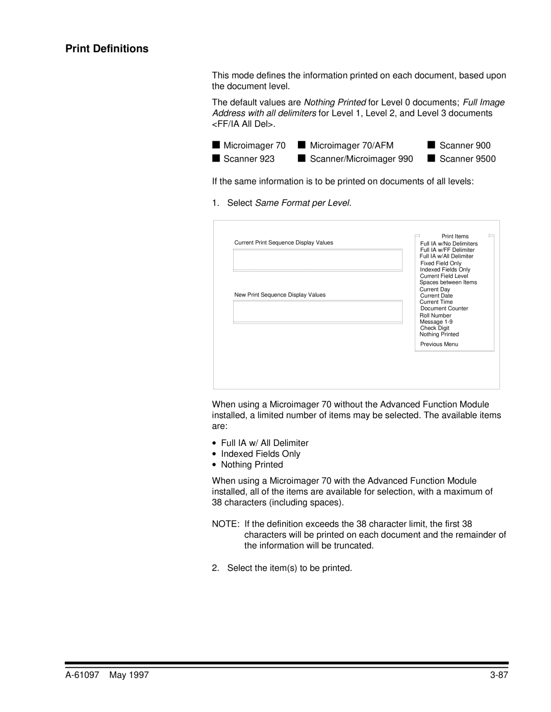 Kodak A-61097 manual Print Definitions, Select Same Format per Level 