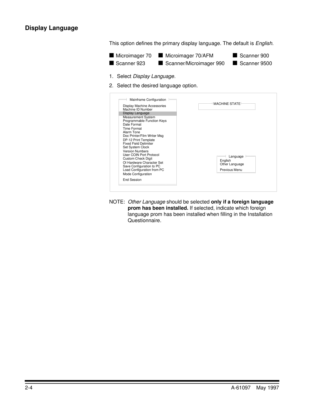 Kodak A-61097 manual Select Display Language, Select the desired language option 