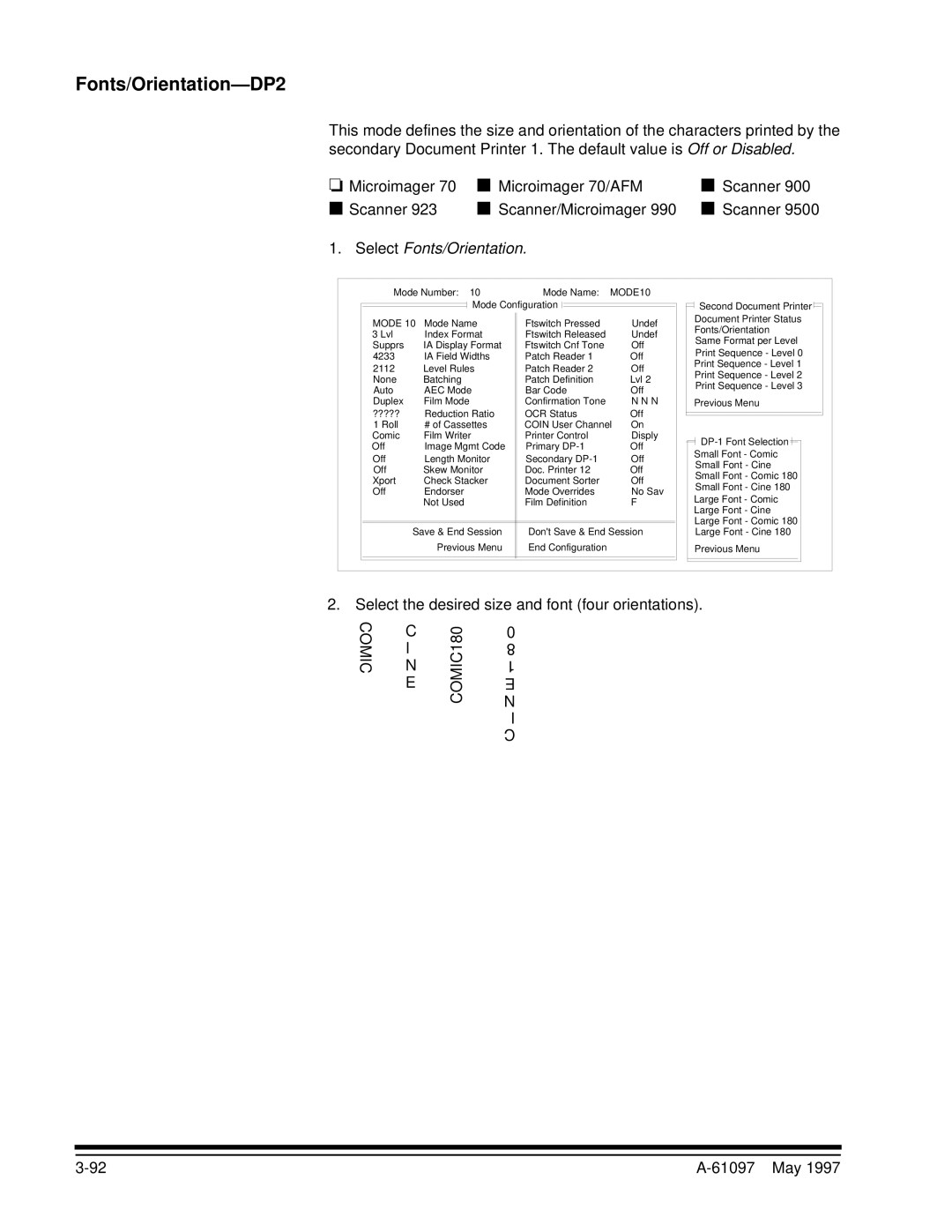 Kodak A-61097 manual Fonts/Orientation-DP2, Select Fonts/Orientation 