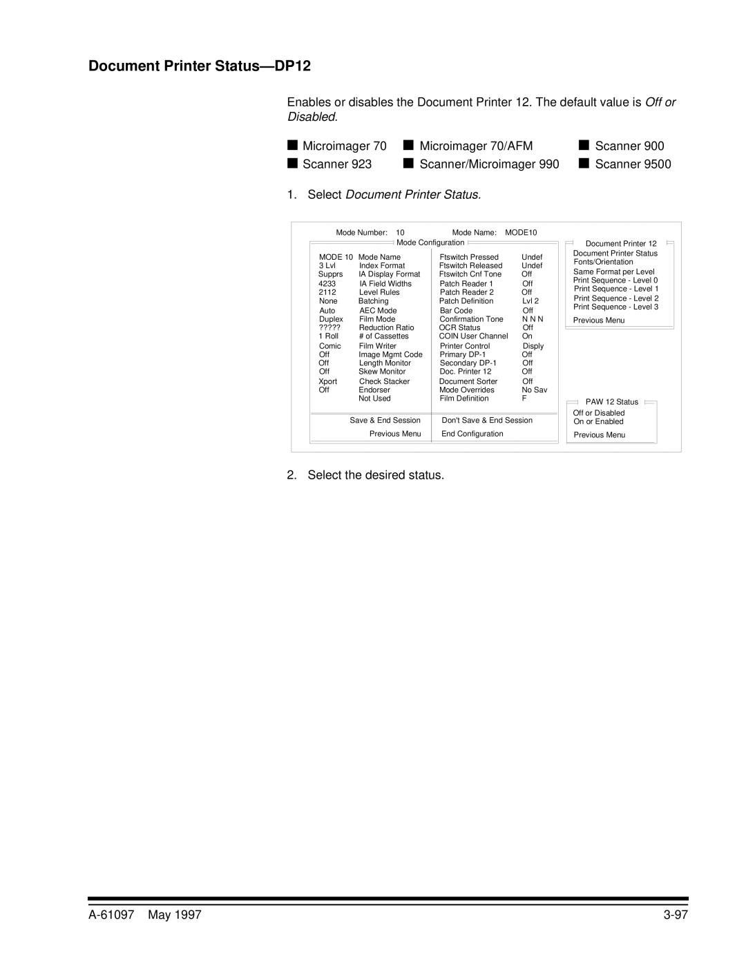 Kodak A-61097 manual Document Printer Status-DP12, Disabled 