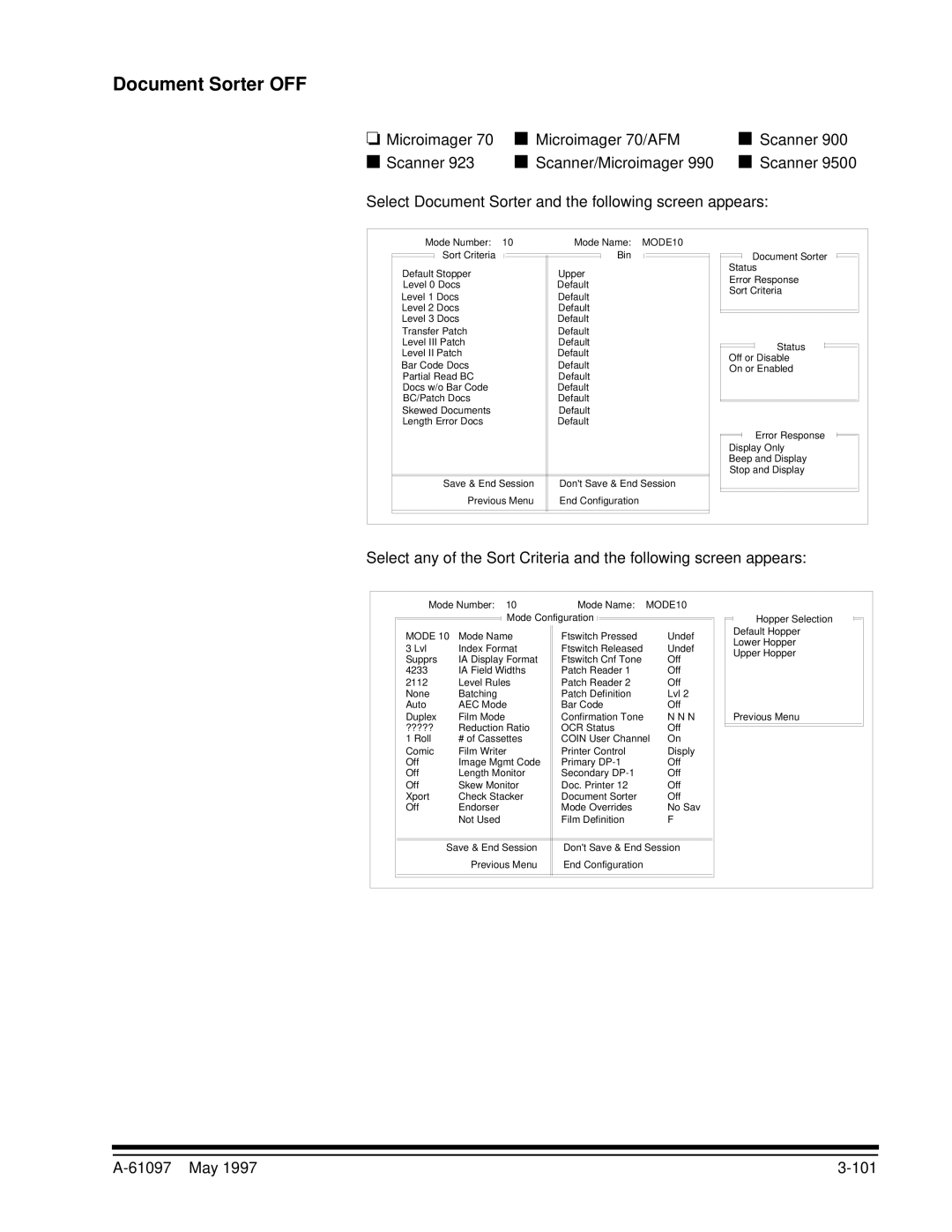 Kodak A-61097 manual Document Sorter OFF, May 101 