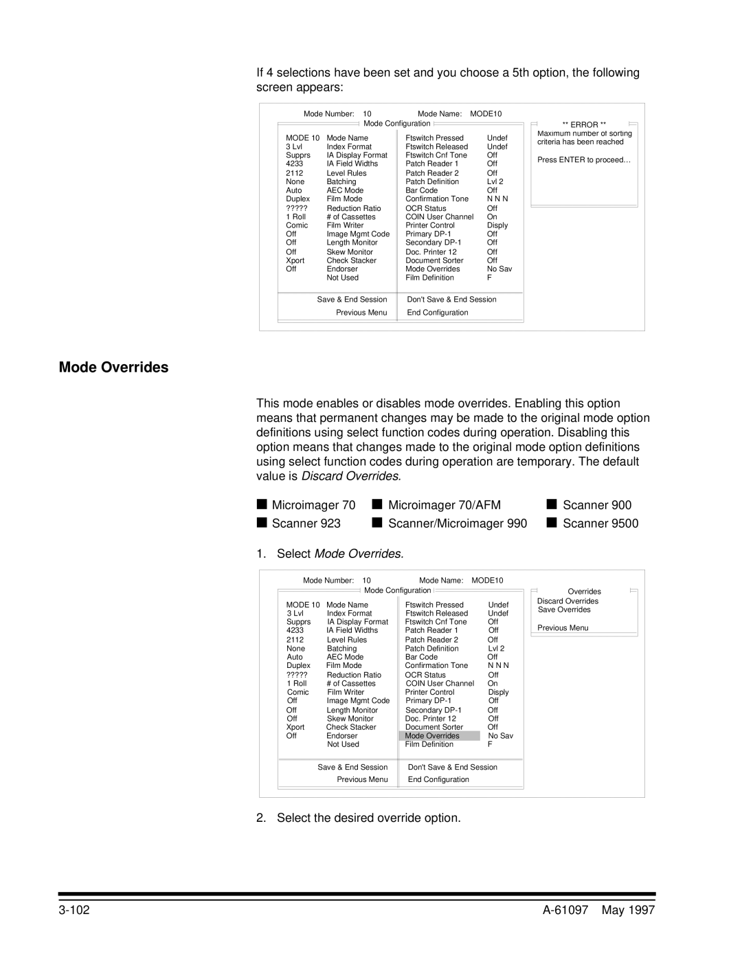 Kodak A-61097 manual Select Mode Overrides, Select the desired override option 102 61097 May 