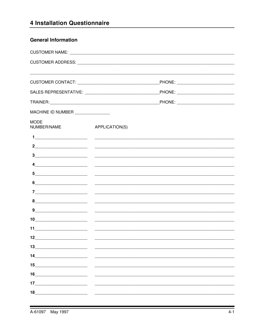 Kodak A-61097 manual Installation Questionnaire, General Information 