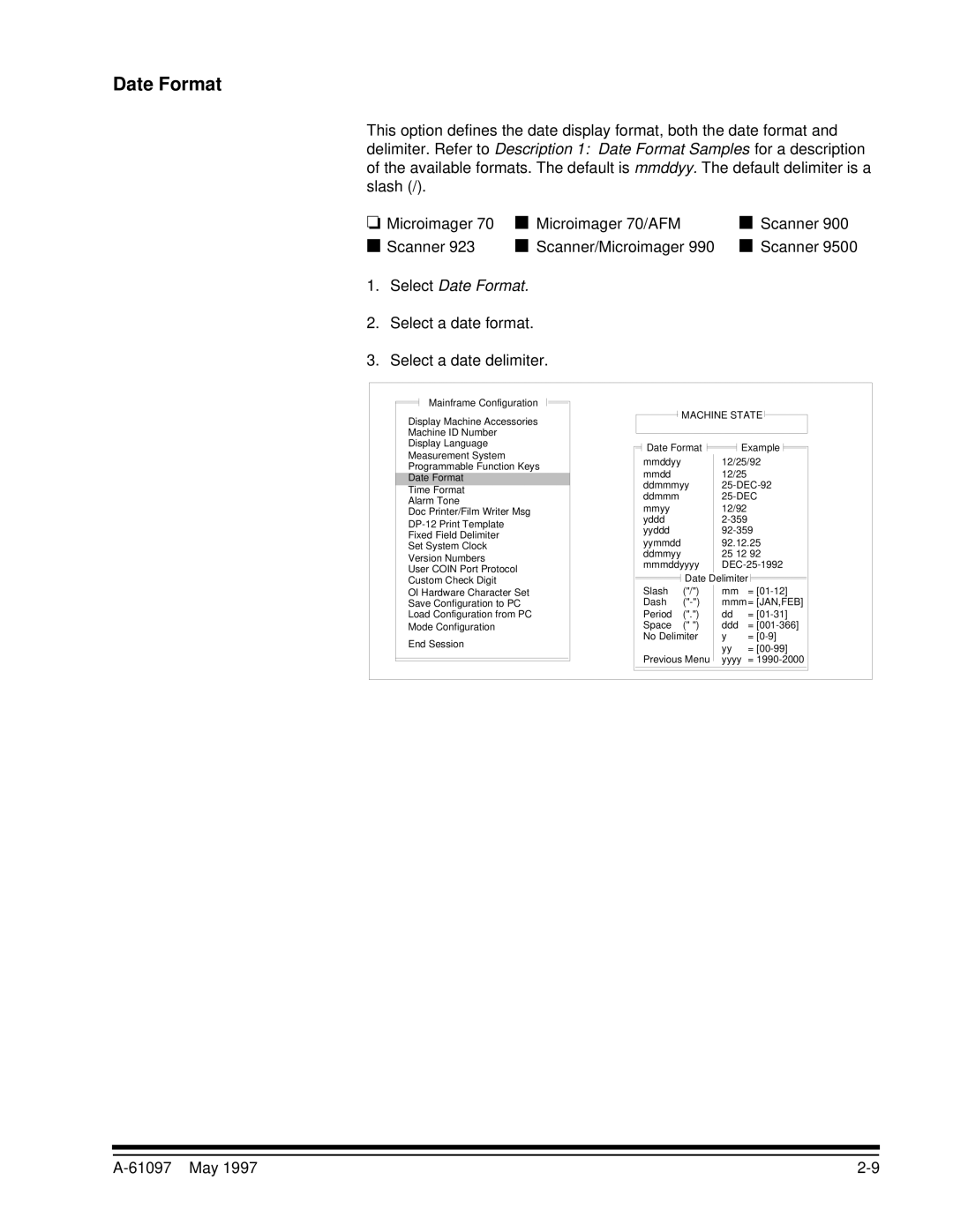 Kodak A-61097 manual Select Date Format, Select a date format Select a date delimiter 