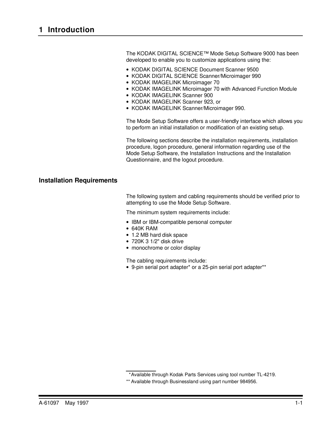 Kodak A-61097 manual Installation Requirements, 61097 May 