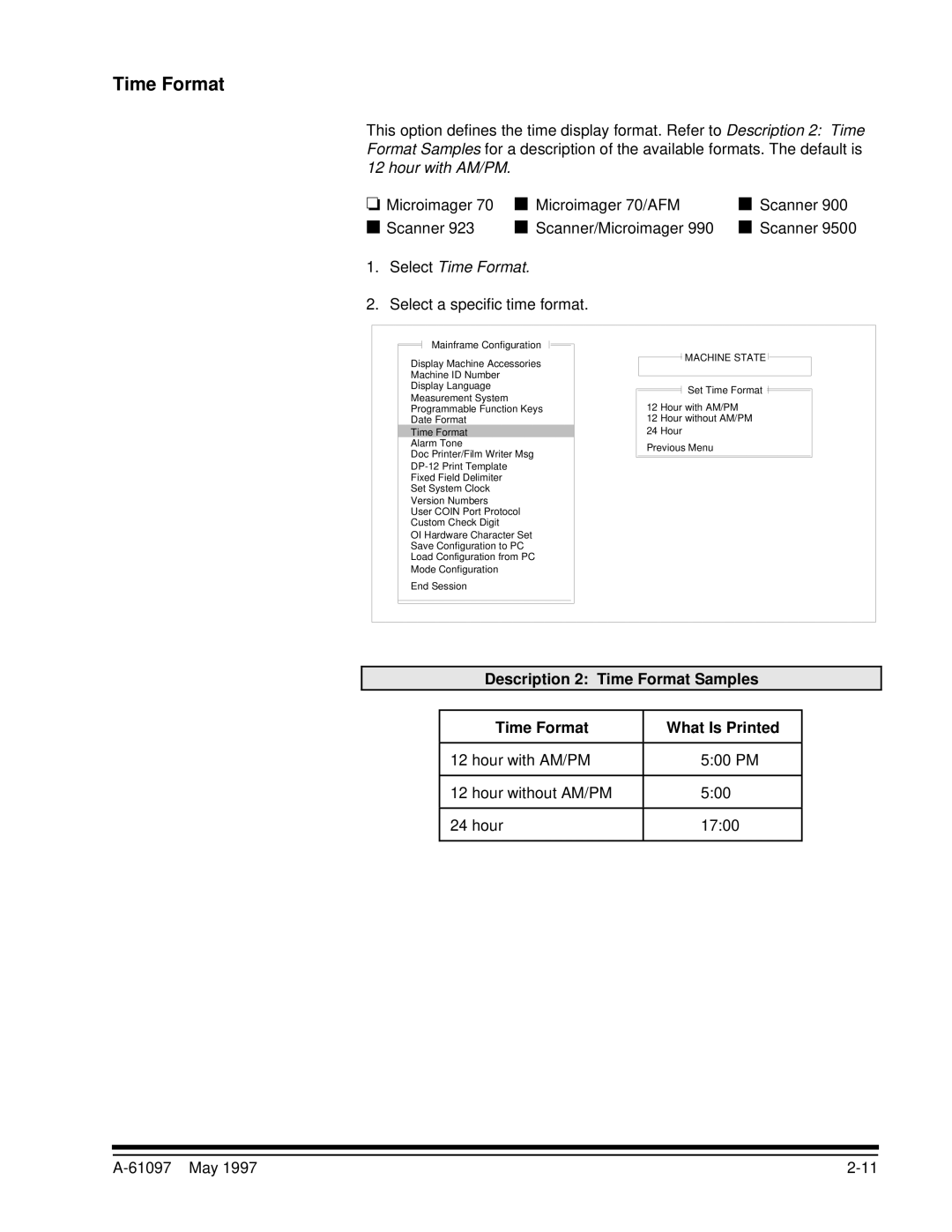 Kodak A-61097 Select Time Format, Select a specific time format, Description 2 Time Format Samples What Is Printed 