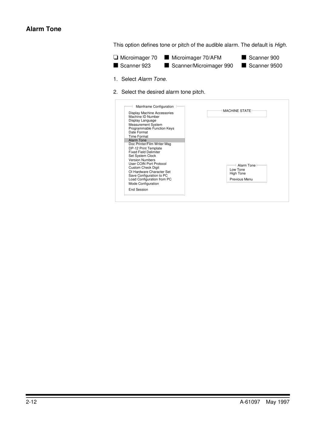 Kodak A-61097 manual Select Alarm Tone, Select the desired alarm tone pitch 