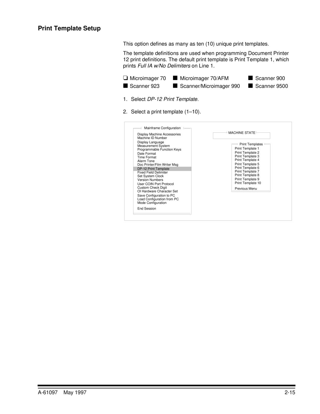 Kodak A-61097 manual Print Template Setup, Select DP-12 Print Template, Select a print template 