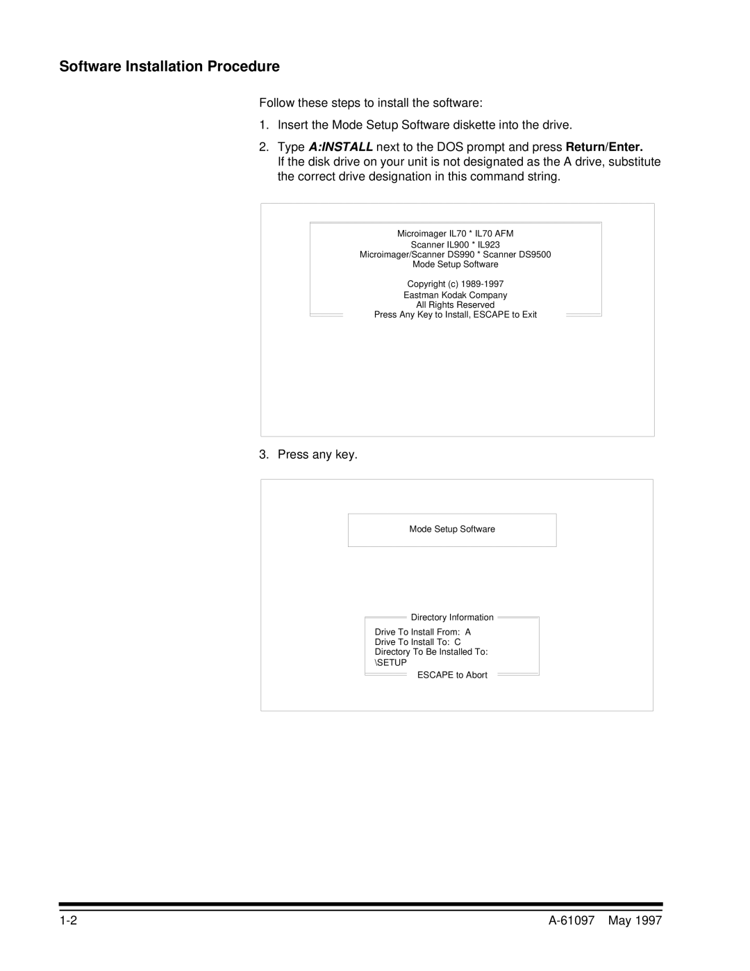 Kodak A-61097 manual Software Installation Procedure, Press any key 