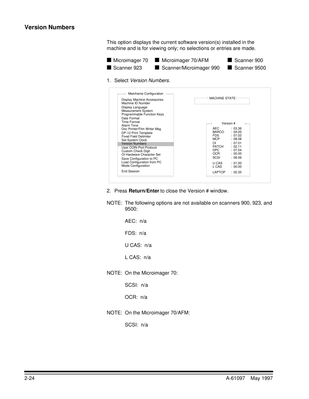 Kodak A-61097 manual Select Version Numbers 