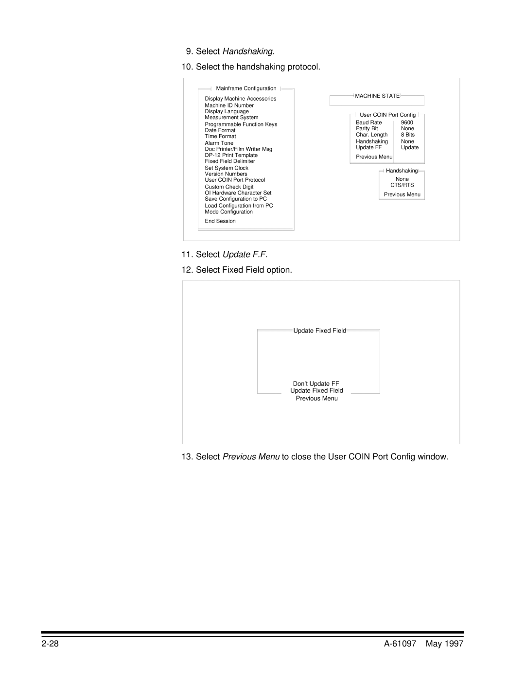 Kodak A-61097 manual Select Handshaking, Select the handshaking protocol, Select Update F.F, Select Fixed Field option 