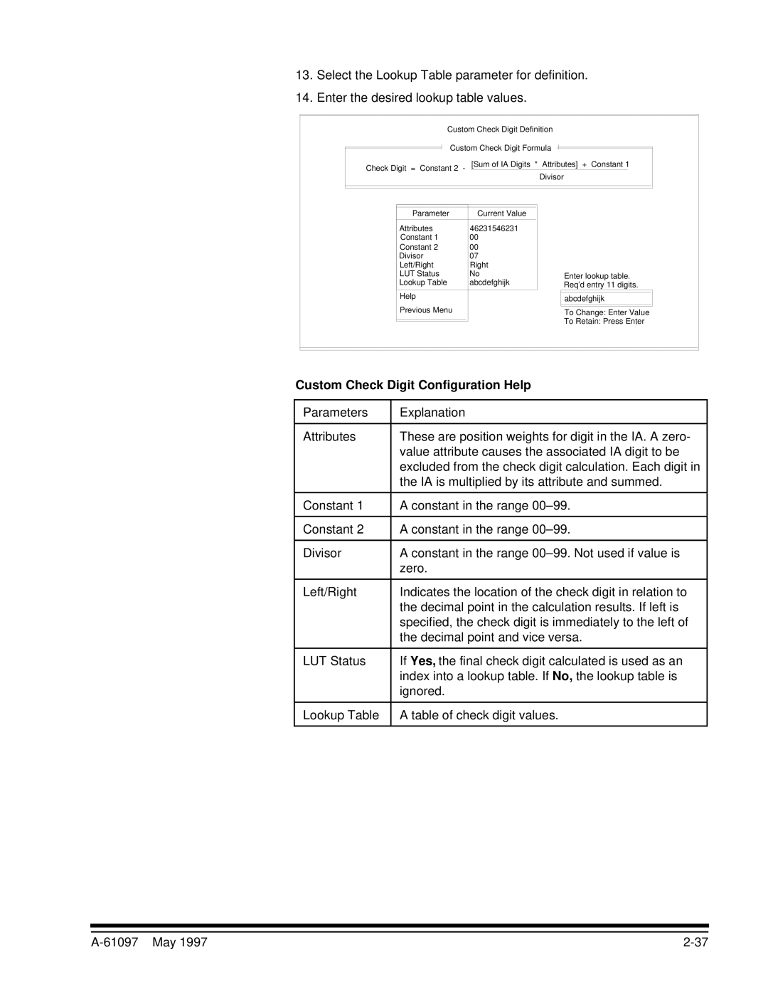 Kodak A-61097 manual Custom Check Digit Configuration Help 