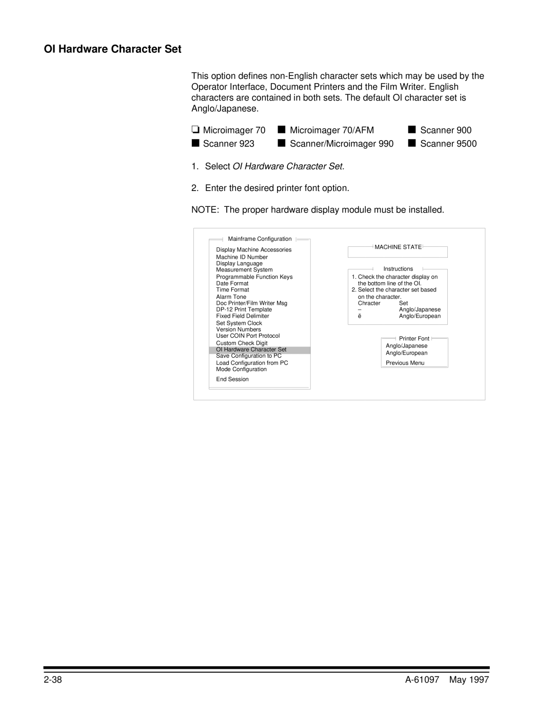 Kodak A-61097 manual Select OI Hardware Character Set, Enter the desired printer font option 