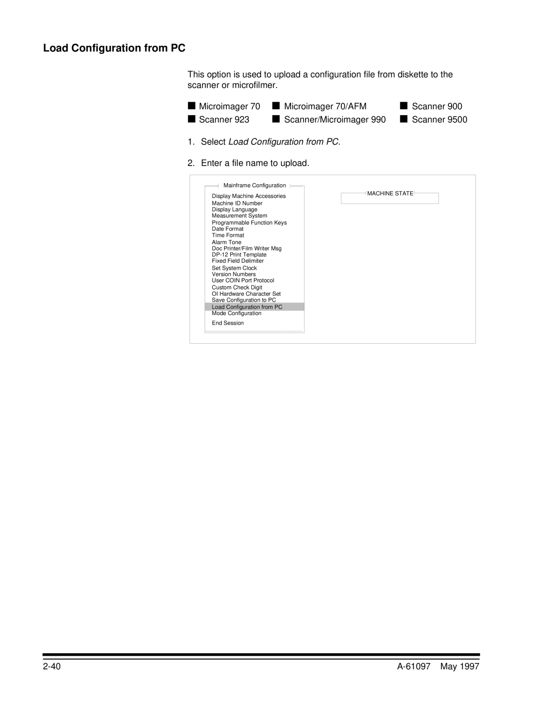 Kodak A-61097 manual Select Load Configuration from PC, Enter a file name to upload 