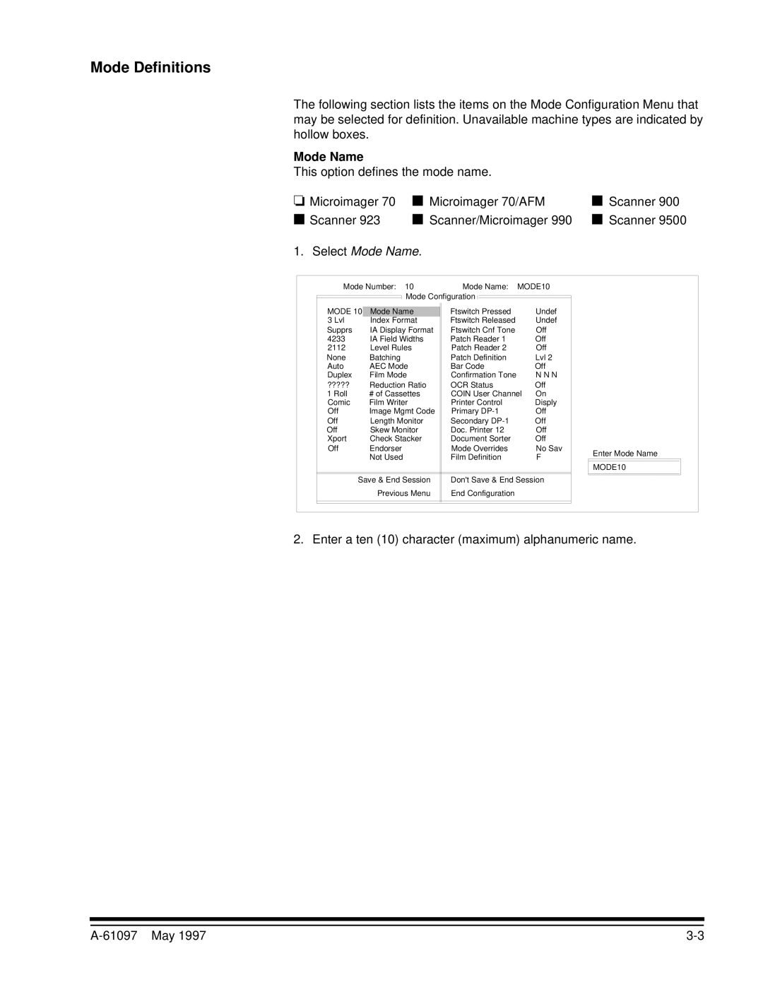 Kodak A-61097 manual Mode Definitions, Select Mode Name 