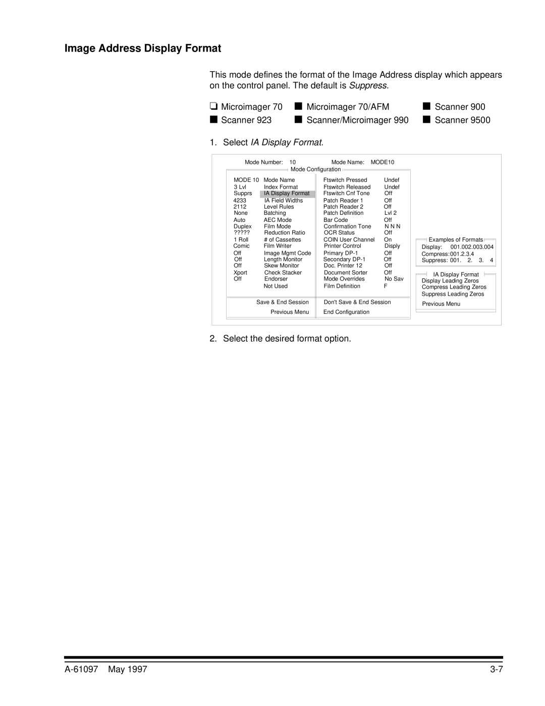 Kodak A-61097 manual Image Address Display Format, Select IA Display Format, Select the desired format option 61097 May 