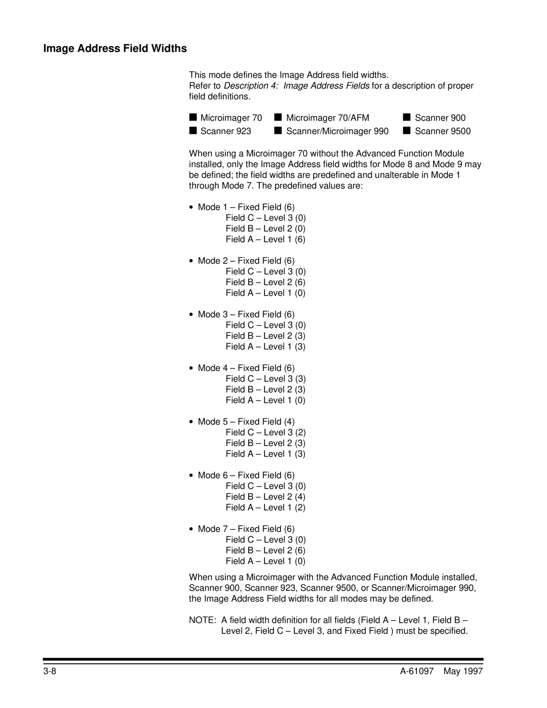 Kodak A-61097 manual Image Address Field Widths 