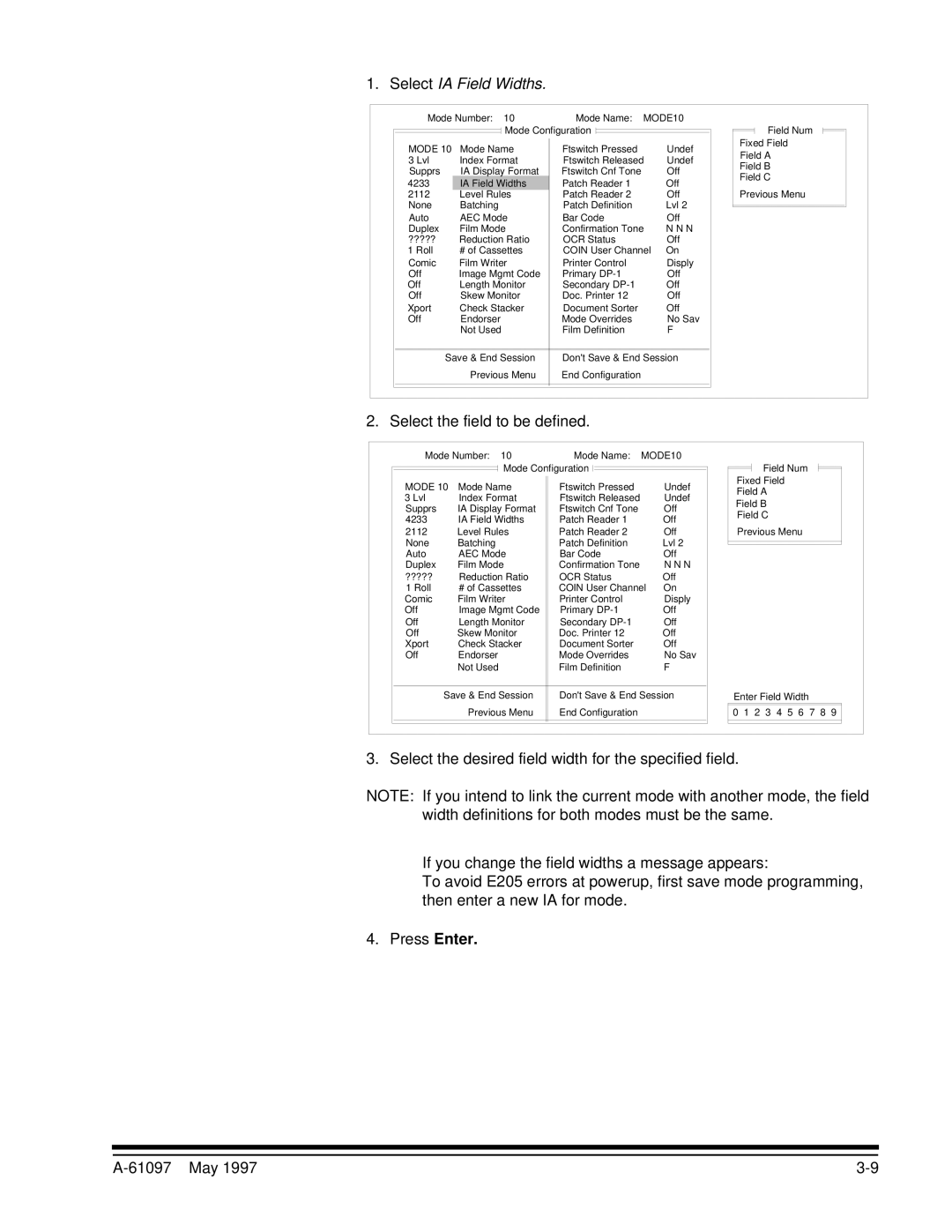 Kodak A-61097 manual Select IA Field Widths, Select the field to be defined 