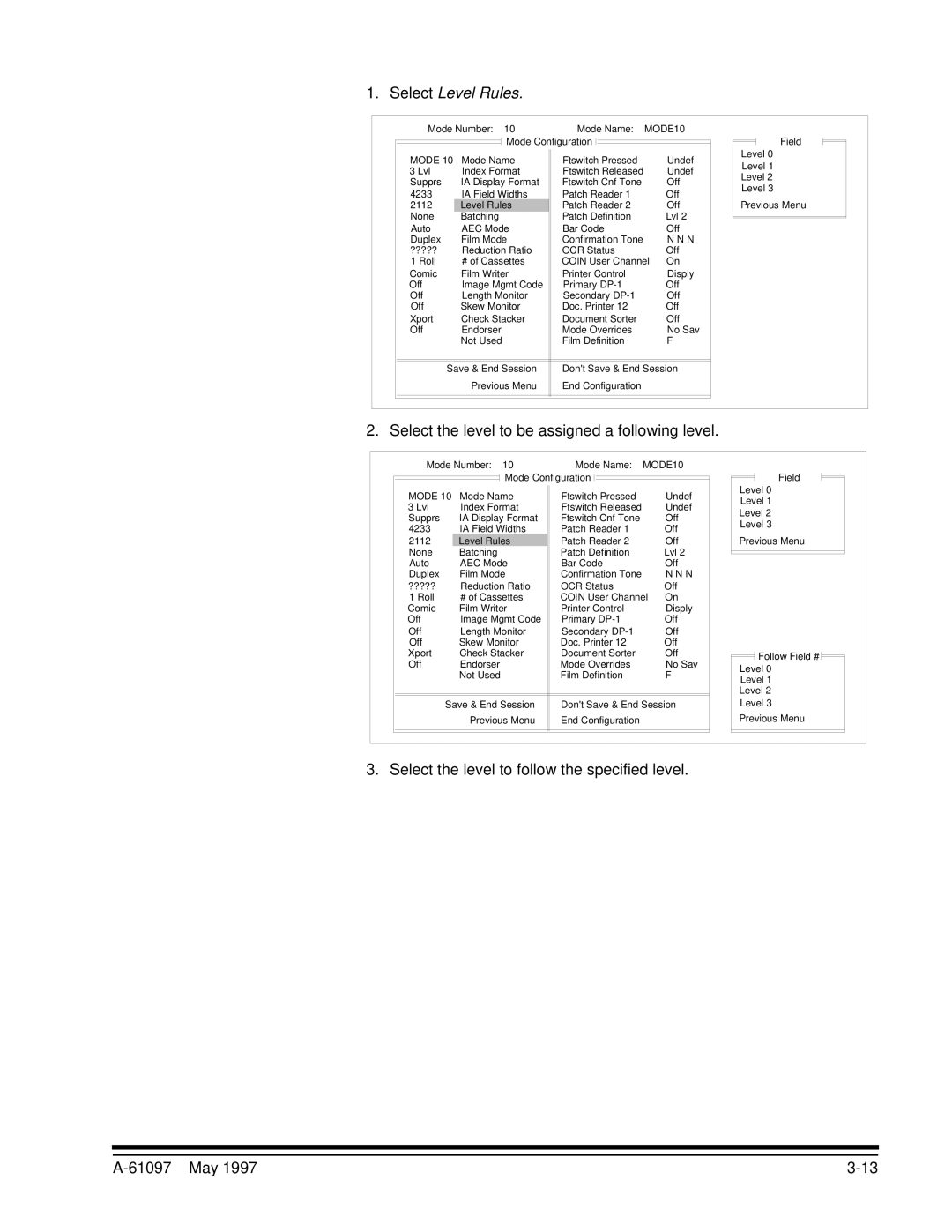 Kodak A-61097 manual Select Level Rules, Select the level to be assigned a following level 