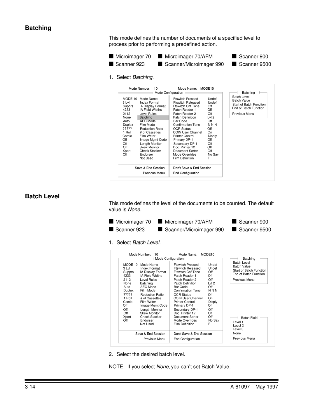 Kodak A-61097 manual Select Batching, Select Batch Level, Select the desired batch level 61097 May 