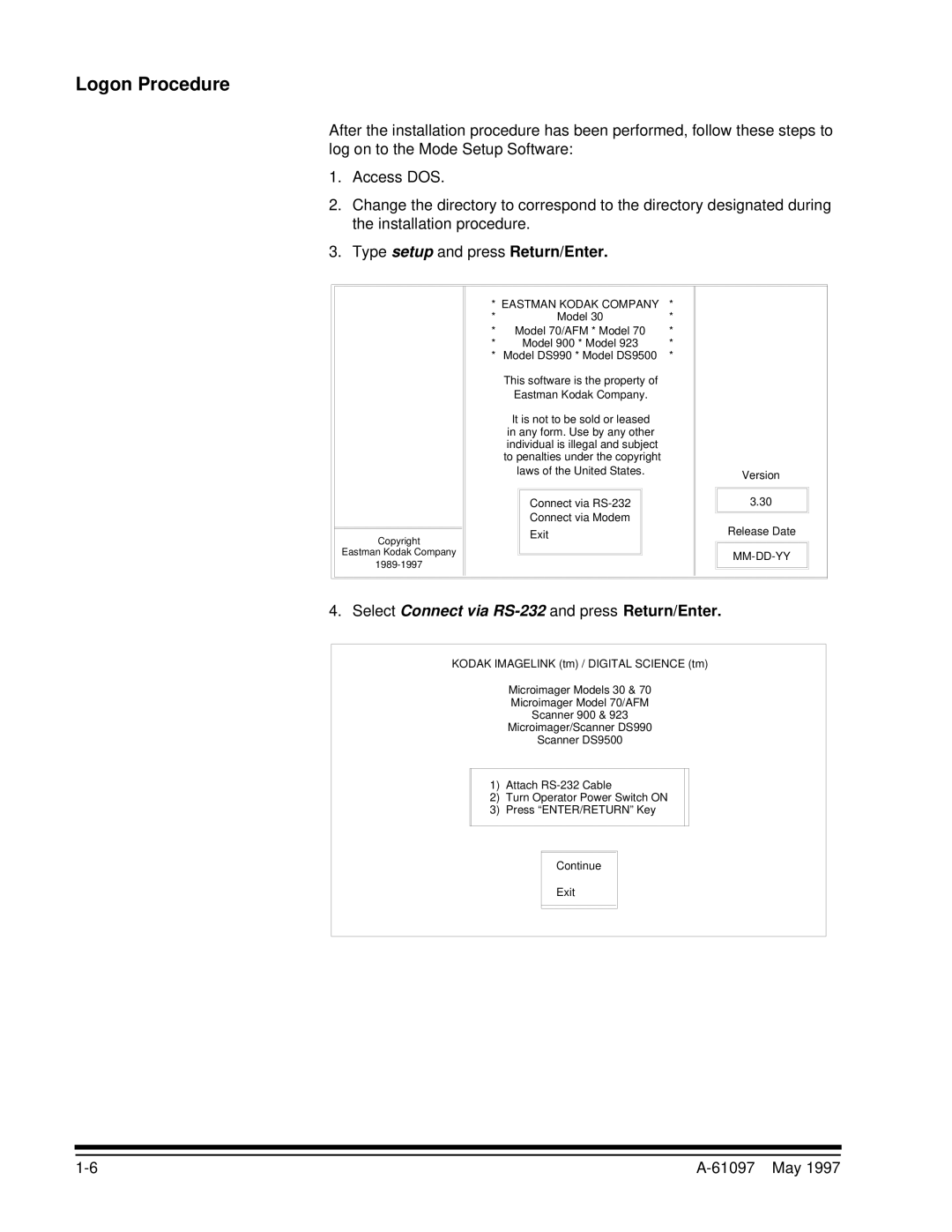 Kodak A-61097 manual Logon Procedure, Model 70/AFM * Model 