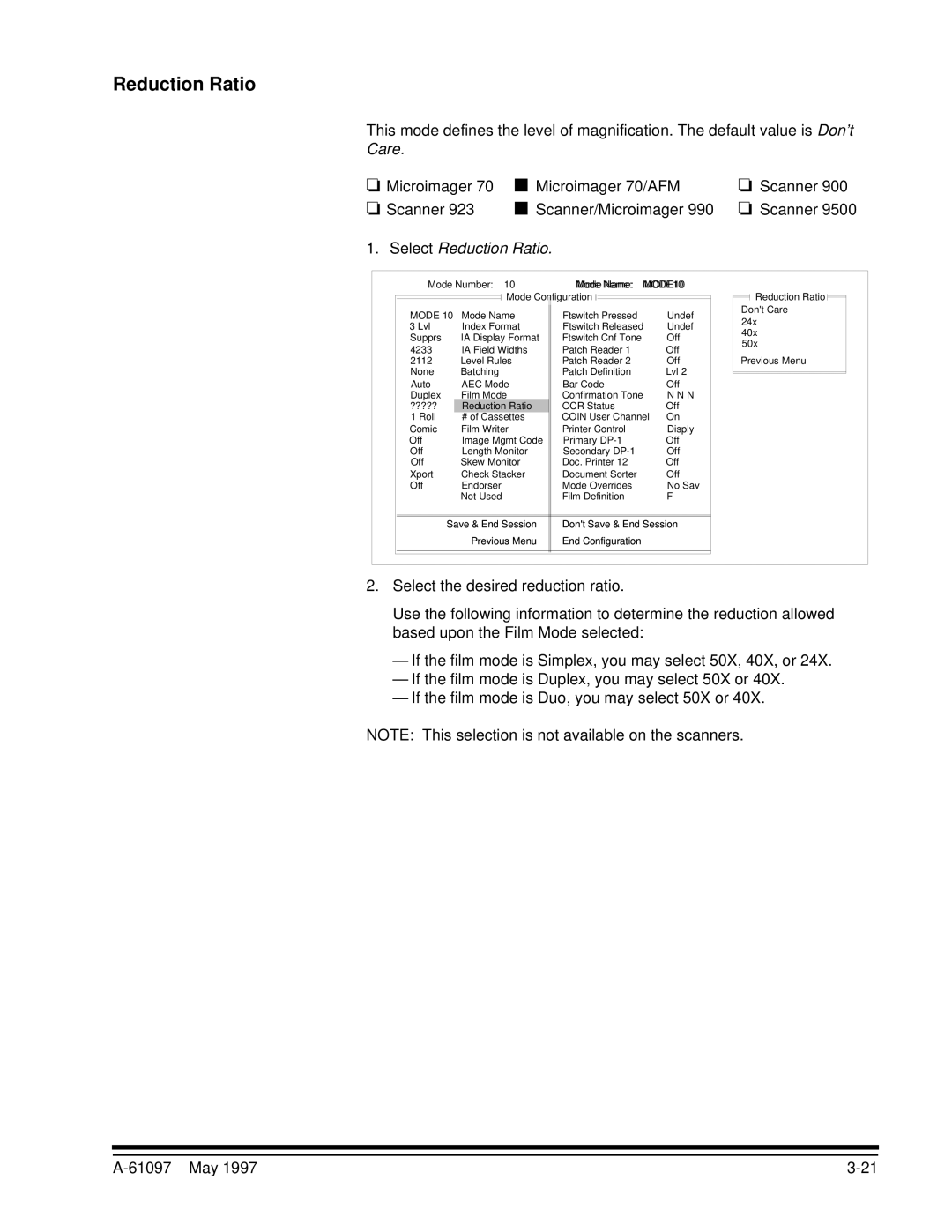 Kodak A-61097 manual Care, Microimager Microimager 70/AFM Scanner Scanner/Microimager, Select Reduction Ratio 