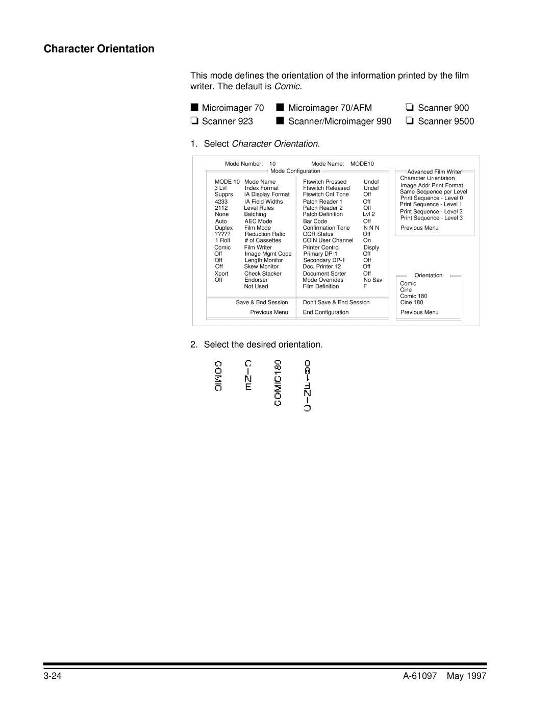 Kodak A-61097 manual Select Character Orientation, Select the desired orientation 61097 May 