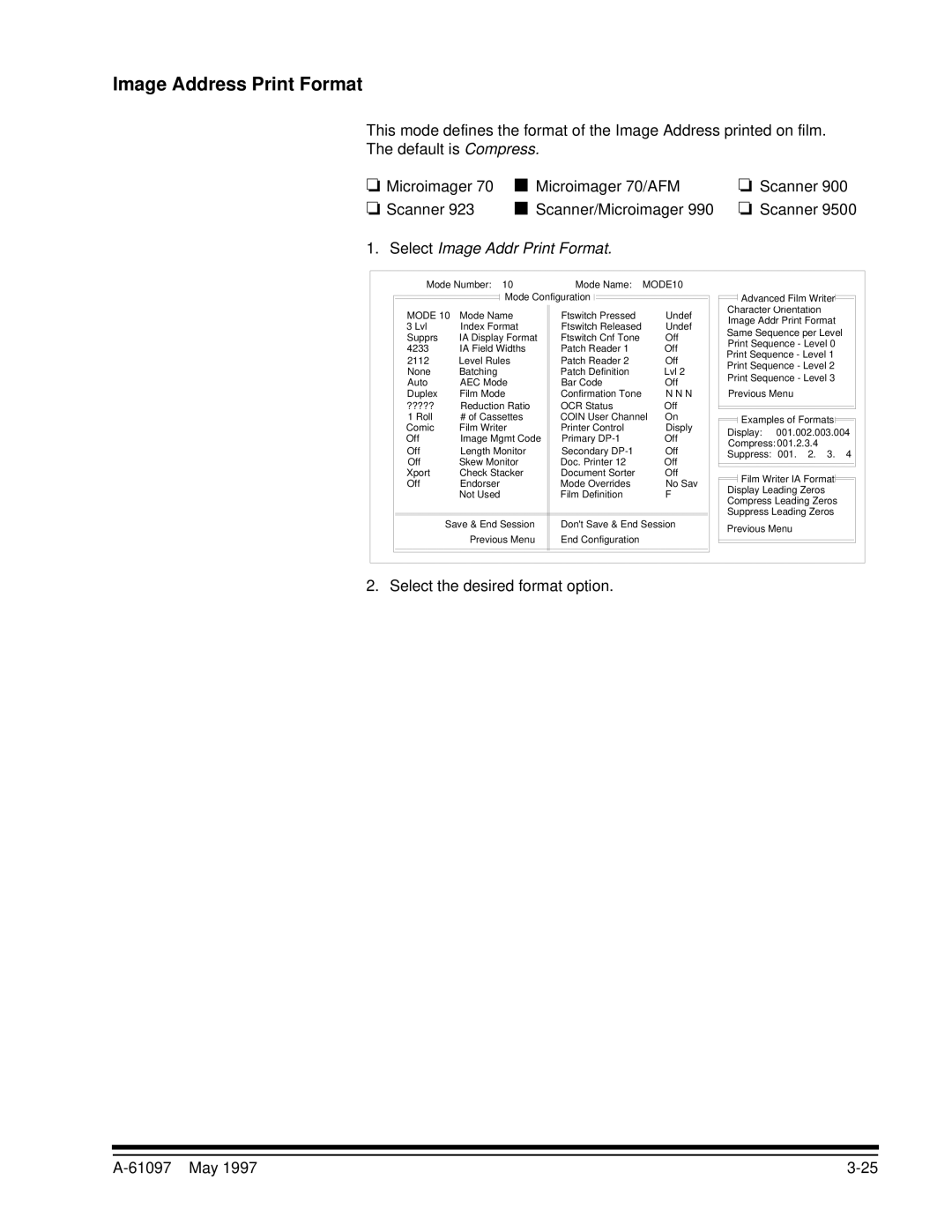 Kodak A-61097 manual Image Address Print Format, Select Image Addr Print Format 