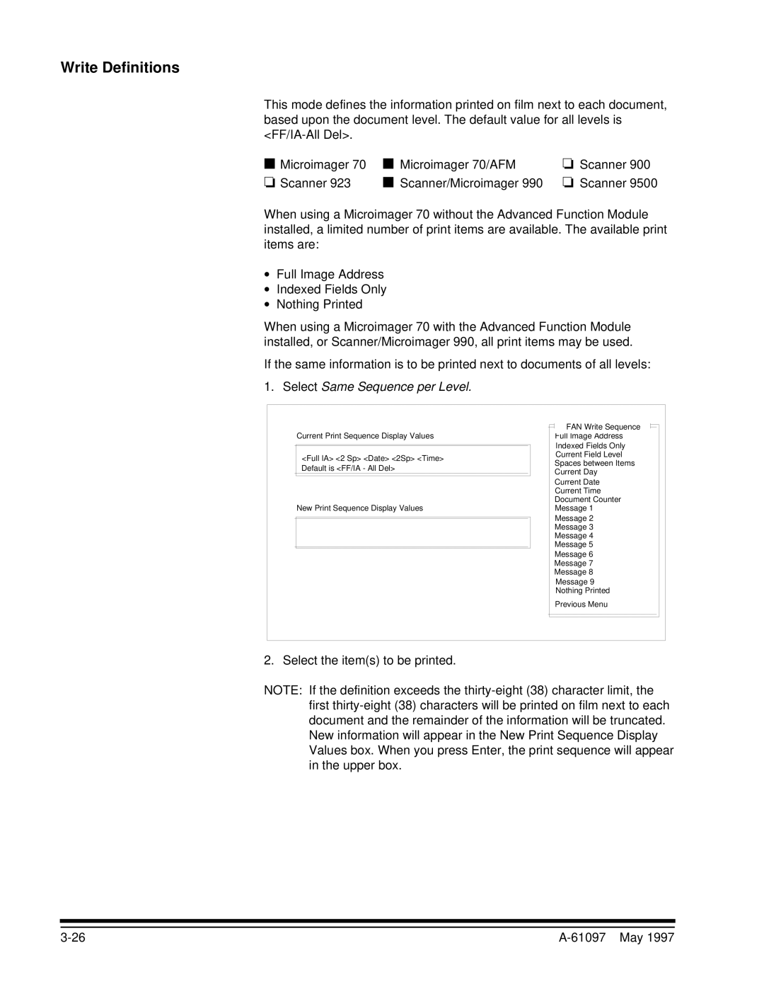 Kodak A-61097 manual Write Definitions, Select Same Sequence per Level, Select the items to be printed 61097 May 