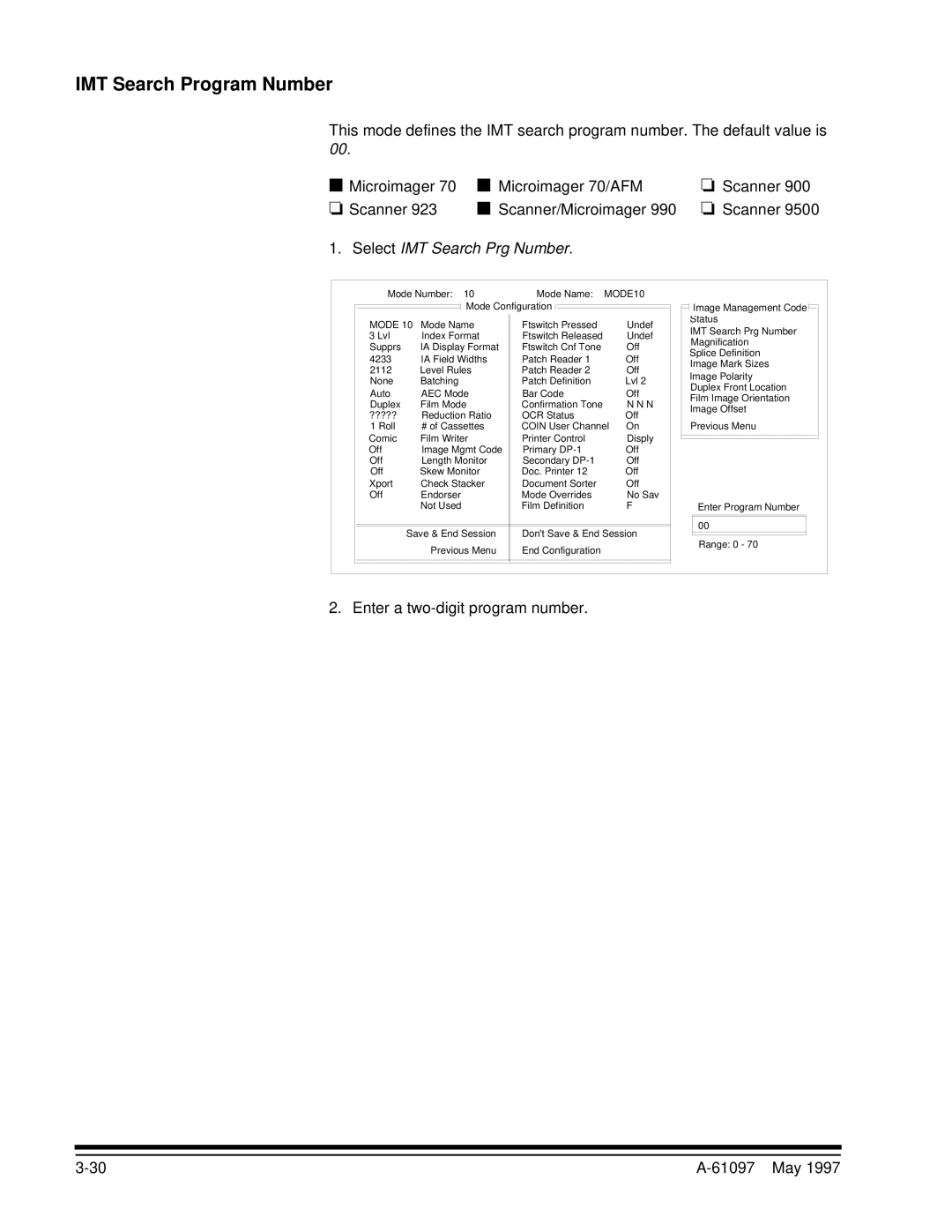 Kodak A-61097 manual IMT Search Program Number, Select IMT Search Prg Number, Enter a two-digit program number 61097 May 